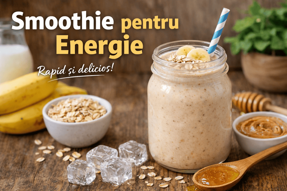 Smoothie pentru energie cu banană, ovăz și unt de arahide &icirc;ntr-un borcan pe masă rustică